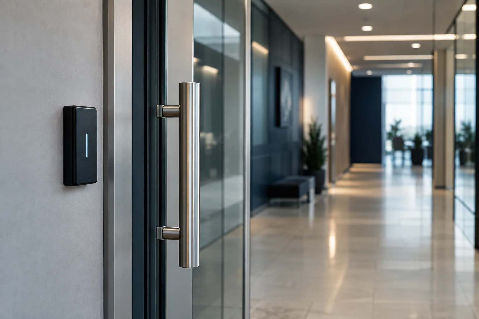 Illustrative office glass entry with an access-control reader