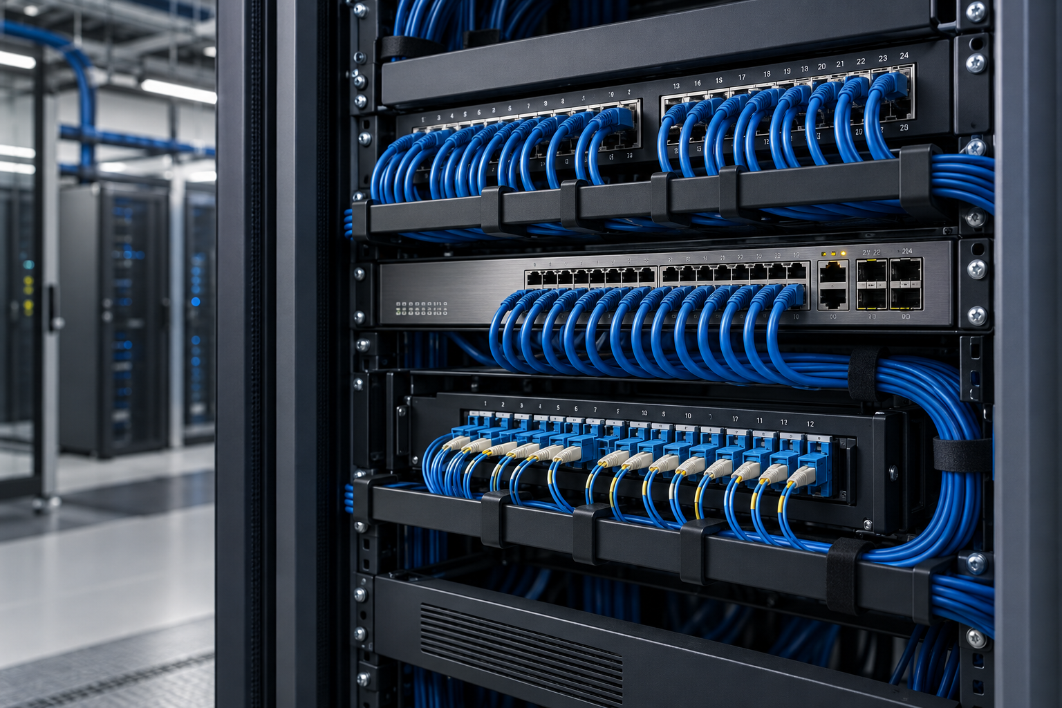 Illustrative organized network cabinet with blue cabling