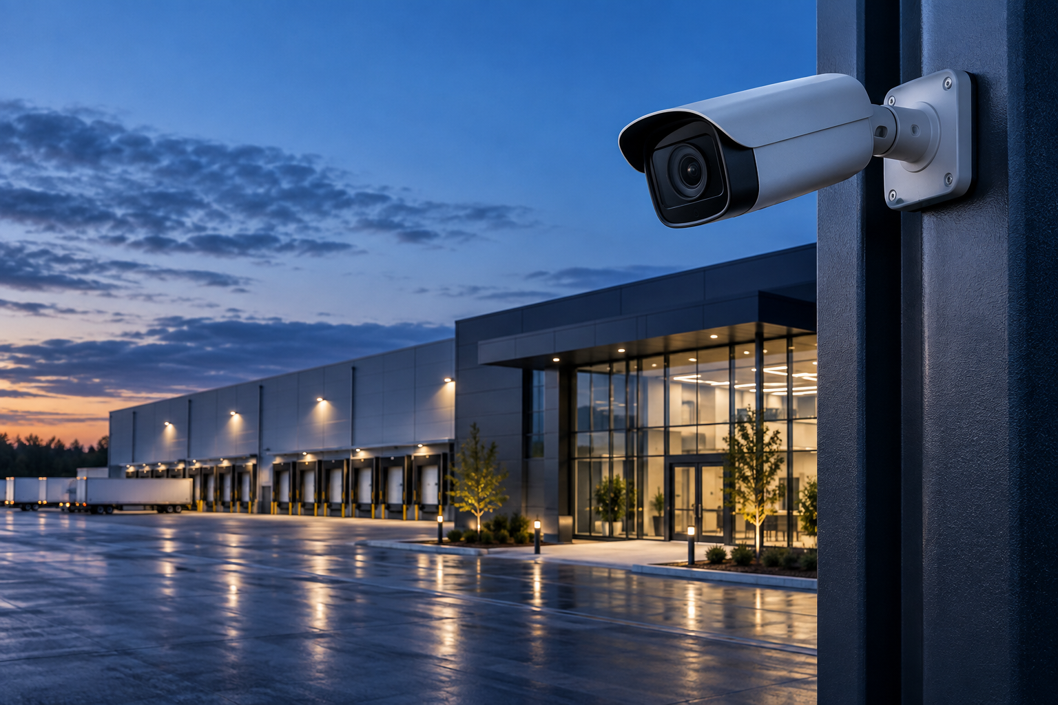 Illustrative commercial security camera overlooking a warehouse facility at dusk